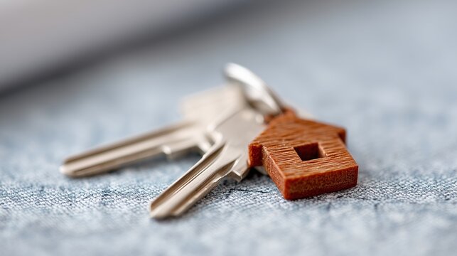 A house shaped keychain sitting on top of a pair of keys