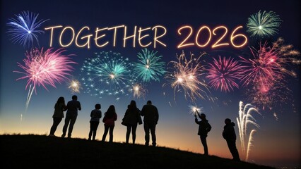 Group of people watching colorful fireworks display with "Together 2026" text