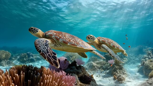 珊瑚礁を進む二匹のウミガメの水中風景映像