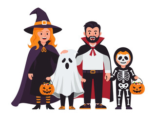 Halloween Family in Costume: A cheerful family dressed in Halloween costumes, ready for trick-or-treating. A witch, a vampire, a ghost, and a skeleton standing together with pumpkin baskets.