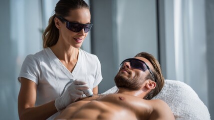 Professional female laser technician performing chest hair removal treatment for a relaxed man in modern beauty clinic environment