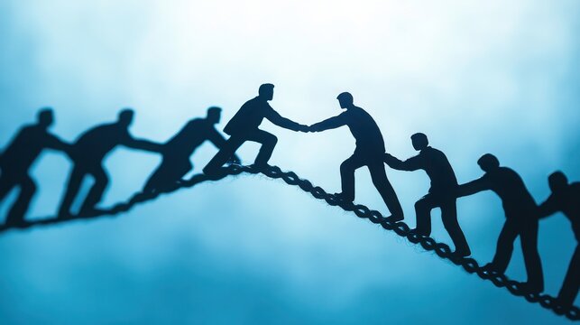 Silhouette of people holding hands and climbing a chain against a blue and white gradient background - Powered by Adobe