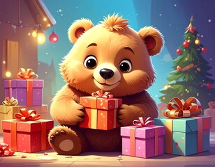Cute bear with Christmas presents