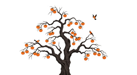 Obraz premium An old gnarled tree laden with ripe orange fruits attracts a small flock of birds to its branches.