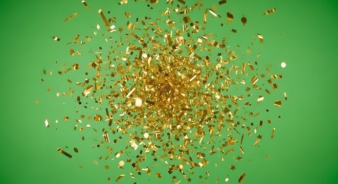 A profusion of golden confetti explodes against a vibrant lime green background.