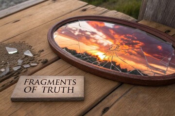Shattered mirror reflecting dramatic sunset with "Fragments of Truth" sign