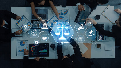 Aerial view of business professionals collaborating on financial analysis while digital icons of...