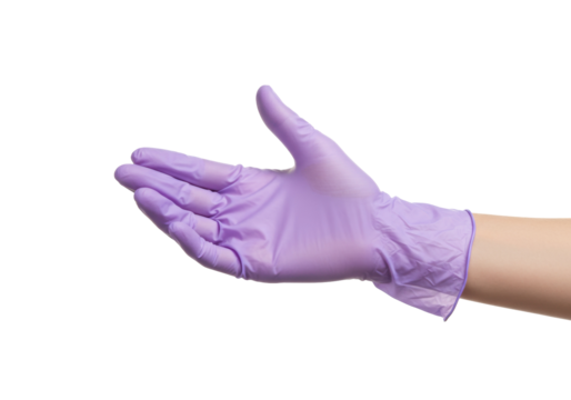 Hand in purple surgical glove isolated on transparent background, medical protection PNG