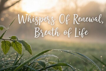 Morning Dew on Grass and Leaves with Golden Sunrise Mist, Renewal Concept
