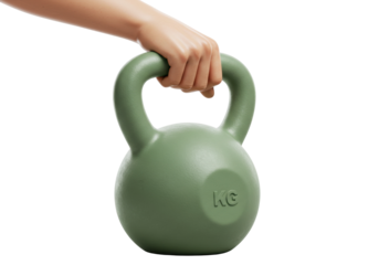 Green kettlebell in hand isolated on transparent background, fitness equipment for strength training and exercise