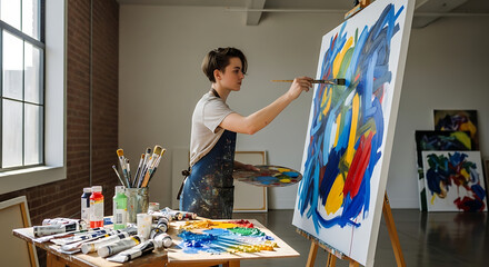 Artist creating abstract art with bold colorful strokes in a bright studio surrounded by materials and canvases