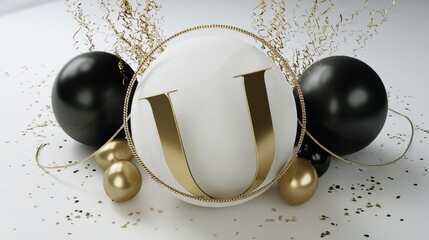 Luxurious golden letter 'U' on a white sphere with black and gold balloons and confetti, representing celebration and exclusivity