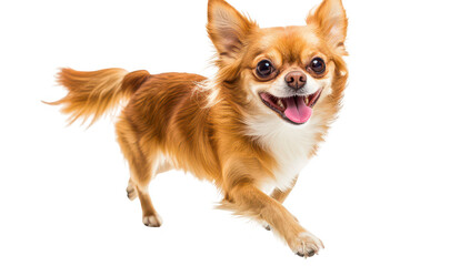 A happy Chihuahua dog joyfully running across a bright white background. its playful nature and fluffy fur. perfect for pet-related content or advertisements
