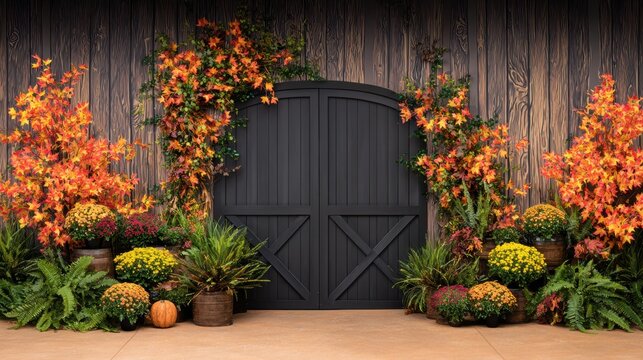 Vibrant autumn scene featuring a rustic barn door framed by colorful foliage and seasonal plants - Powered by Adobe