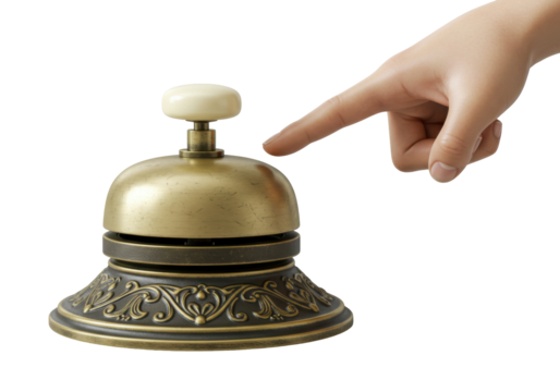 Brass reception bell isolated, finger pressing the top button to call for service, vintage hotel concierge equipment