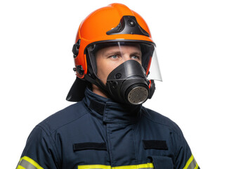 Naklejka premium Firefighter in orange helmet and gas mask isolated, portrait of a fireman in uniform on a clean background