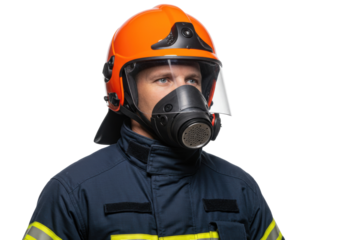 Firefighter in orange helmet and gas mask isolated, portrait of a fireman in uniform on a clean background