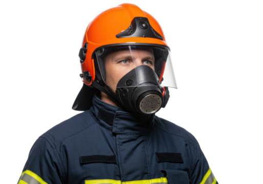 Firefighter in orange helmet and gas mask isolated, portrait of a fireman in uniform on a clean background