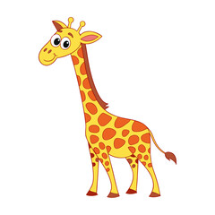 Fototapeta premium Whimsical Cartoon Giraffe with Orange Brown Patches isolated on transparent background. Friendly Yellow Giraffe Illustration. Playful Animal Character Graphic.