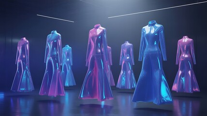 Holographic dresses displayed in futuristic setting