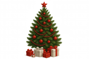 Christmas tree with red star ornament and festive gifts celebrating holiday season on transparent background