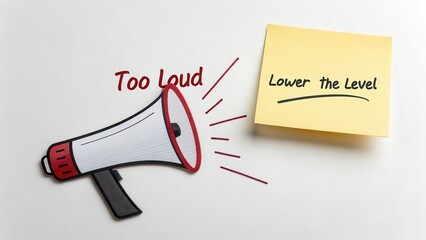 A megaphone with sound lines and notes about loudness and sound