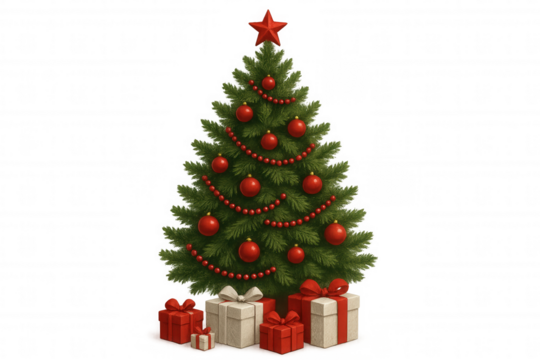 Christmas tree with red star ornament and festive gifts celebrating holiday season on transparent background