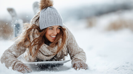 A young, smiling woman in a warm hat and knitted scarf lies face down on a small sled in a bright, snowy landscape, enjoying a winter day outdoors with copy space available.