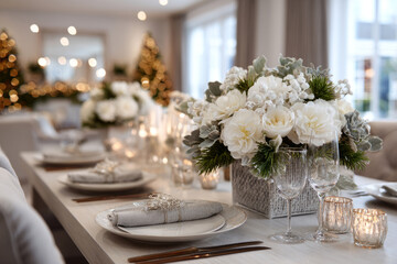 Luxurious dining table with white roses, candles, and crystal glasses in a bright room