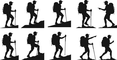 Obraz premium Silhouettes of Hikers and Trekkers, Vector Illustrations of Men with Backpacks and Hiking Poles for Outdoor Adventure and Travel