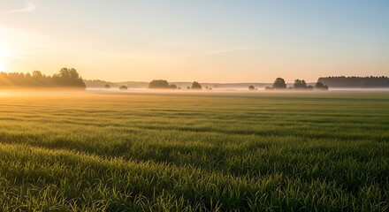 A vast field of vibrant green grass stretches out under a serene sunrise, highlighted by a soft morning mist, creating a tranquil and peaceful scene.