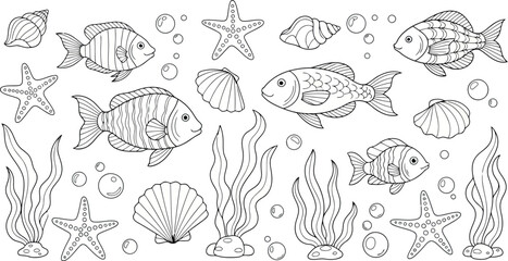 Obraz premium Vector art of black and white sketch of underwater elements like fish, starfish, shells, and seaweed