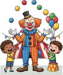 Cartoon clown juggling, circus tent, happy children, colorful outfit, festive scene, balloons, striped costume, joyful moment, party vibe, fun