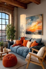 Fototapeta premium Modern living room with vibrant accents and industrial decor aesthetic