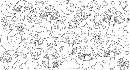 Vector art of whimsical doodle illustration of mushrooms, moons, stars, and clouds
