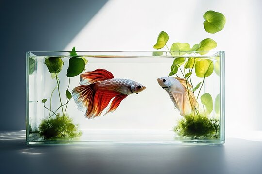 a pair of betta fish elegantly swimming in a minimalist glass tank with floating plants