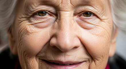 Fototapeta premium Close - up portrait capturing the warm smile and intricate wrinkles of an elderly woman highlighting age and experience in detail