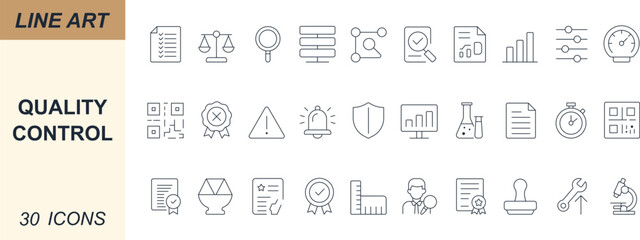 Quality Control vector icon set with minimal line art of audit, checklist, process, workflow, certification, data, measurement, and verification. Perfect for apps, web, business, and UI projects.