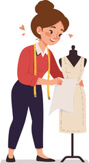 Cartoon fashion designer, dressmaking process, measuring tape, garment creation, red top, mannequin, sewing paper, tailoring tools, clothing design, studio