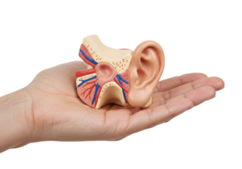Anatomical ear model isolated on a hand, detailed medical teaching aid for educational purposes PNG