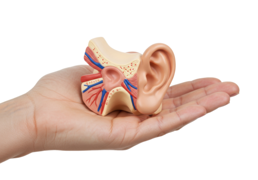 Anatomical ear model isolated on a hand, detailed medical teaching aid for educational purposes PNG