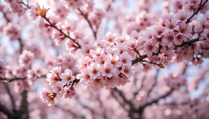 Obraz premium Close-up of delicate pink cherry blossoms in full bloom on tree branches, set against a soft-focus background of more blossoms, creating a serene and peaceful scene.