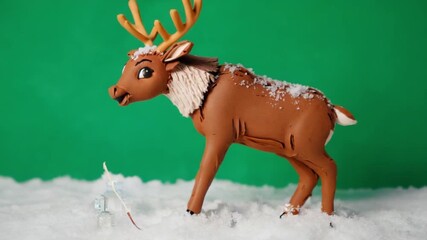 A claymation reindeer with antlers eating in a snow covered landscape on a green background christmas reindeer green screen video - Powered by Adobe