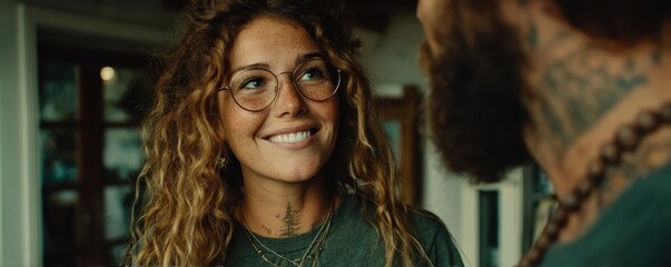 Fototapeta premium Smiling woman with curly hair enjoying a pleasant conversation in a cozy space