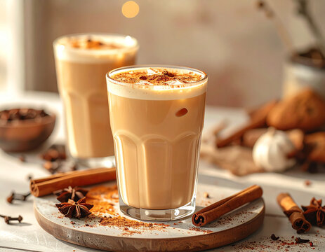 Frosted glass of iced chai latte with spices in soft daylight macro