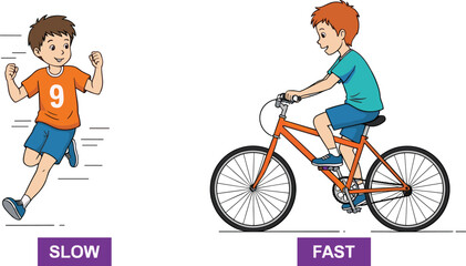 Cartoon boy running slow and boy riding bicycle fast, opposite speed concept, kids learning flashcard, educational comparison illustration for children