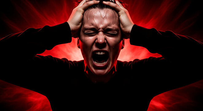 A person in distress clutches their head and screams set against a dramatic red backdrop capturing intense emotional turmoil and stress