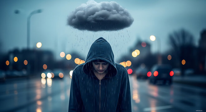 Person under rain cloud symbolizing sadness or depression Rainy city background with bokeh lights suggests urban isolation and melancholy