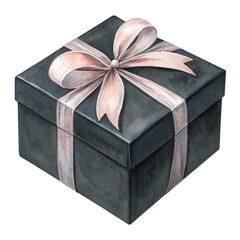 Watercolor Elegant Black Gift Box with Pink Ribbon