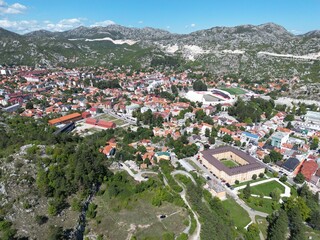 A drone view of the city of Cetinje, Montenegro.